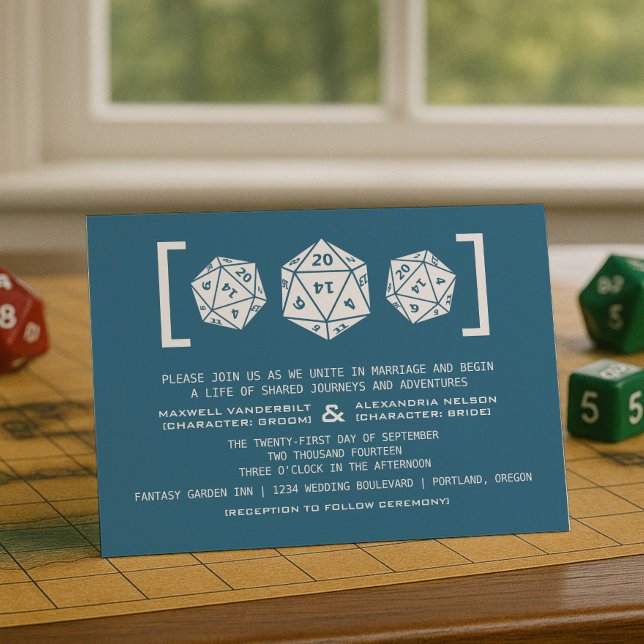 Blue D20 Dice Gamer Wedding Einladung (Blue D20 Dice Gamer Wedding Invitation)
