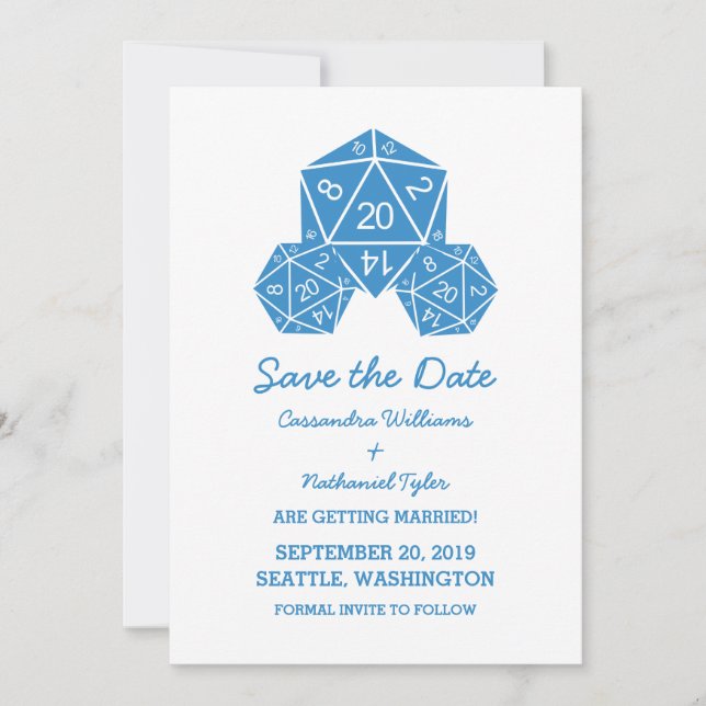 Blue D20 Dice Save the Date einladen Einladung (Vorderseite)