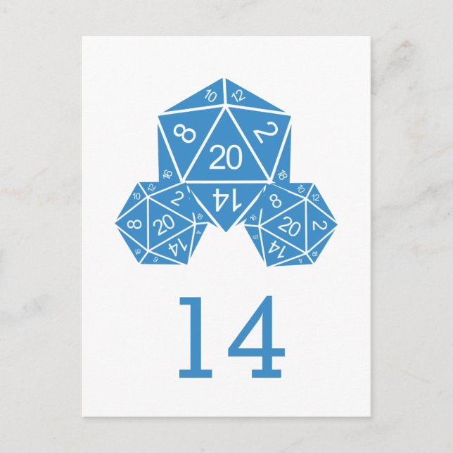 Blue D20 Würfel Tischnummer Postkarte (Vorderseite)
