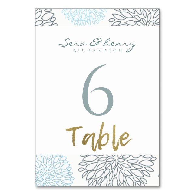 BLUE DAHLIA FLORAL PATTERN GOLD TABLE TISCHNUMMER (Vorderseite)
