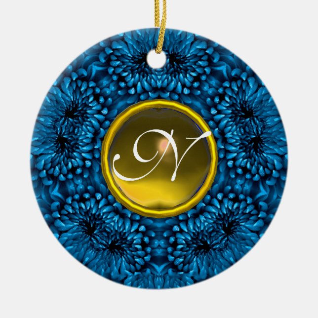 BLUE DAHLIA YELLOW TOPAZ MONOGRAM KERAMIK ORNAMENT (Vorne)