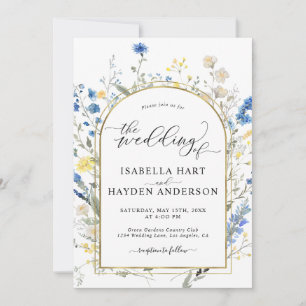 Blue Dainty Floral Gold in 1 QR Code Hochzeit Einladung