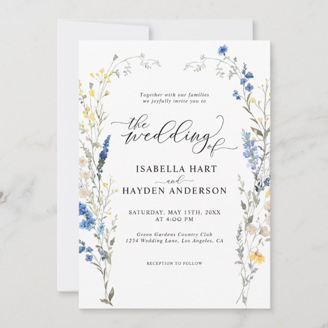 Blue Dainty Wild Floral Dusty Mediterrane Hochzeit Einladung (Vorderseite)