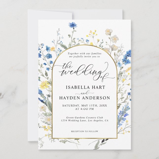 Blue Dainty Wild Floral Gold Arch Blume Hochzeit Einladung (Vorderseite)