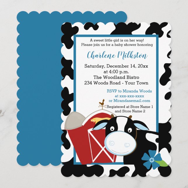 Blue Dairy Cow Boy Baby shower Invitation Die Cut (Devant / Derrière)