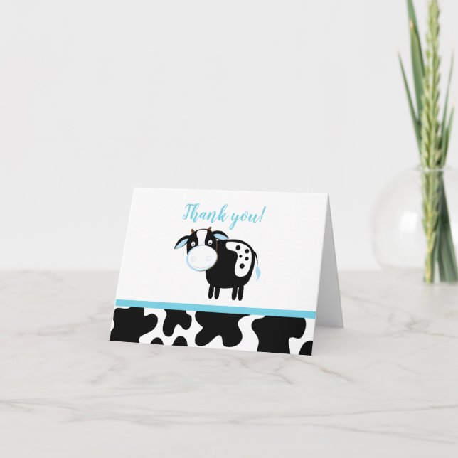 Blue Dairy Cow Boy Farm Baby shower Merci note (Devant)