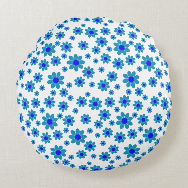Blue Daisies | Floral Repetierendes Muster Rundes Kissen (Vorderseite)