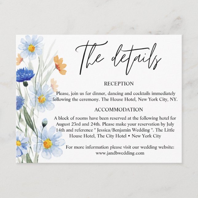 Blue Daisies Floral Wedding Details Begleitkarte (Vorderseite)