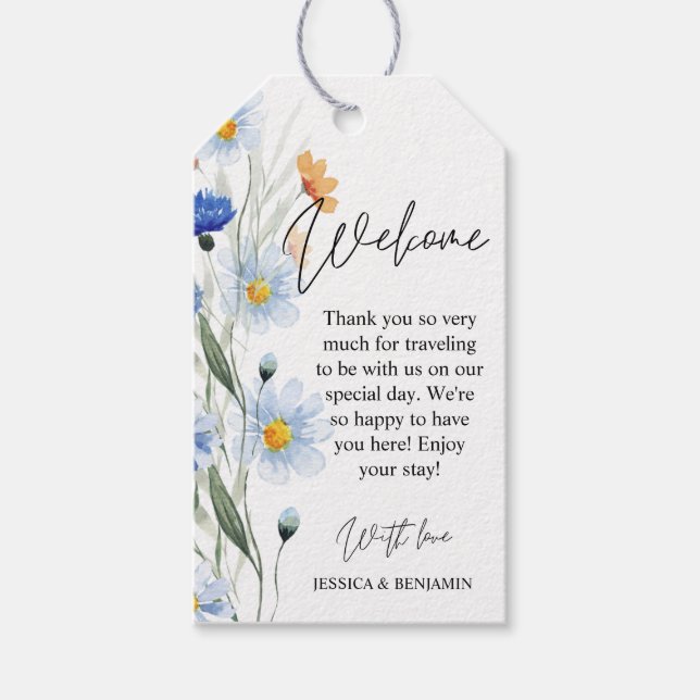 Blue Daisies Floral Wedding Willkommen Geschenkanhänger (Vorderseite)