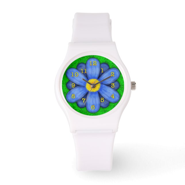 Blue Daisy Blume auf Green Beautiful Armbanduhr (Vorderseite)