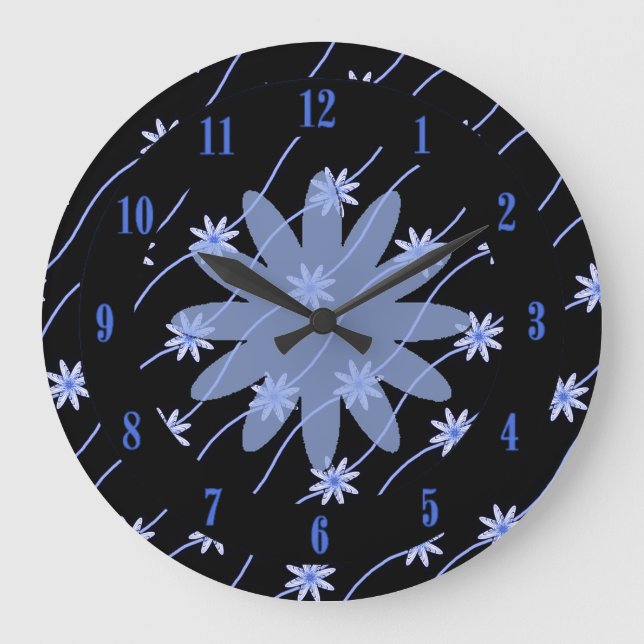 Blue Daisy Chain Floral Pattern Wall Clock Große Wanduhr (Vorderseite)