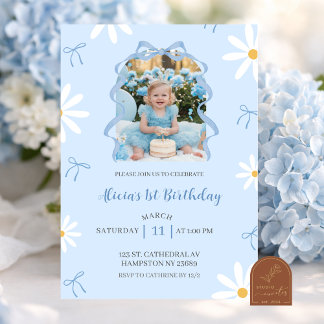 Blue Daisy Coquette Girl 1st Birthday with photo Einladung