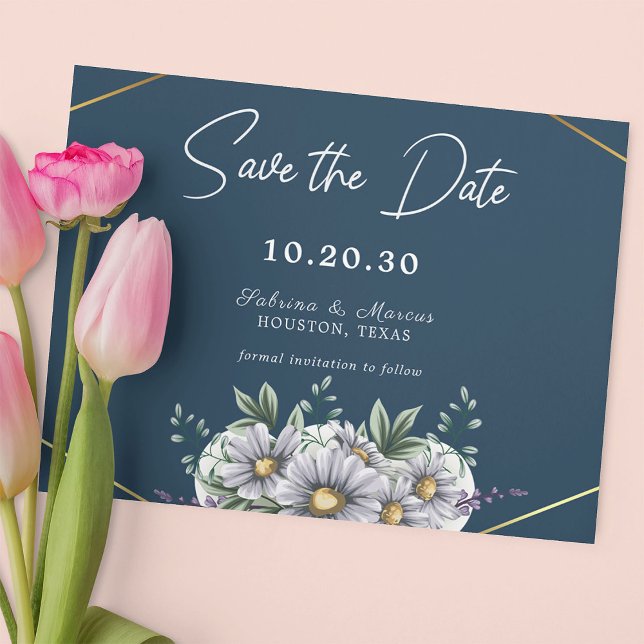 Blue Daisy Floral Wedding Save the Date Einladung (Von Creator hochgeladen)