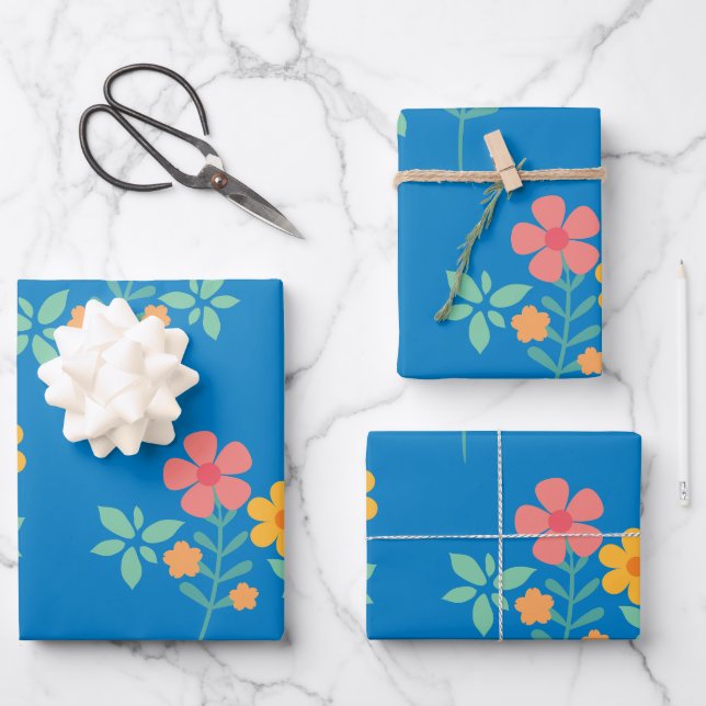 Blue Daisy Niedlich Bouquet Pattern Moderne Geschenkpapier Set (Vorderseite)