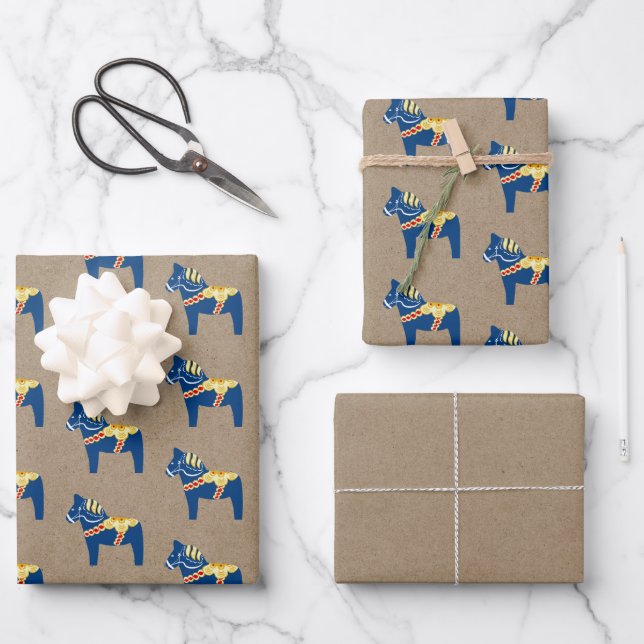 Blue Dala Horse Wrapping Paper Flat Sheet Set 3 Geschenkpapier Set (Vorderseite)