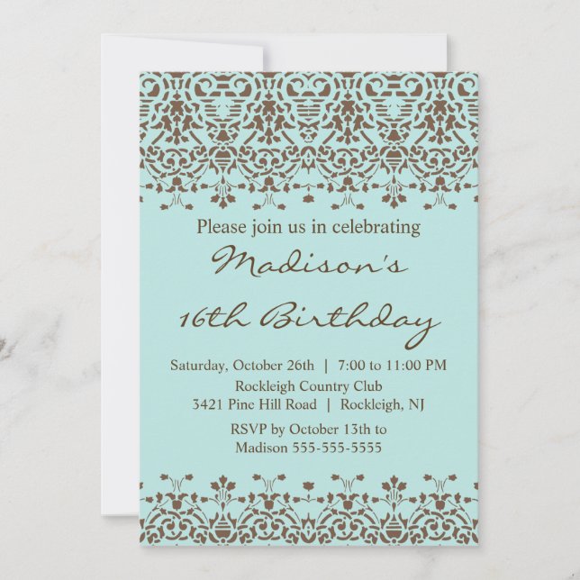 Blue Damask 16 . Geburtstag Geburtstag Einladung (Vorderseite)