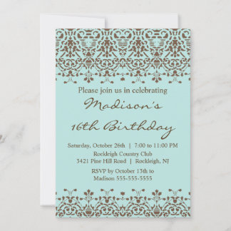 Blue Damask 16 . Geburtstag Geburtstag Einladung