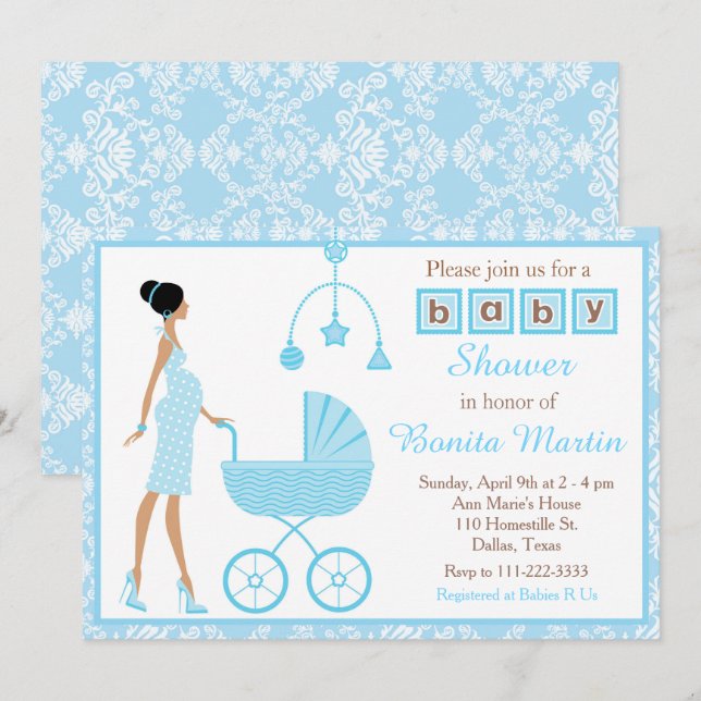 Blue Damask Afroamerikanerin Babydusche Einladung (Vorne/Hinten)