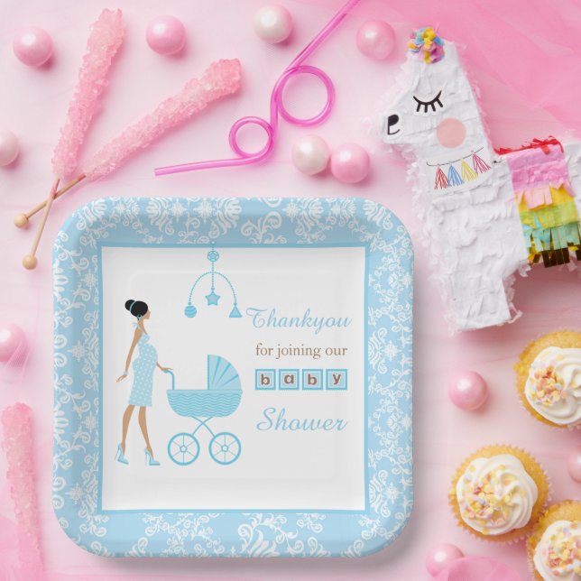 Blue Damask Afroamerikanerin Babydusche Pappteller (Party)