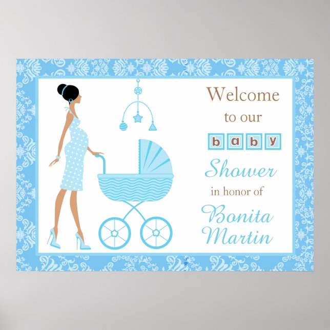 Blue Damask Afroamerikanerin Babydusche Poster (Vorne)