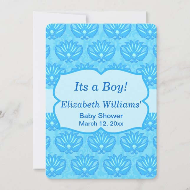 Blue Damask Baby Boy Dusche individuelle Einladung (Vorderseite)