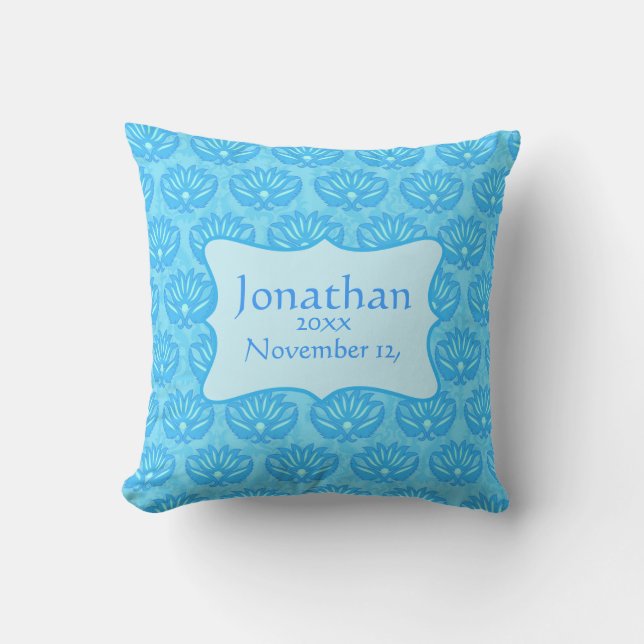 Blue Damask Baby Boy Name Personalisiert Birth Kissen (Vorderseite)
