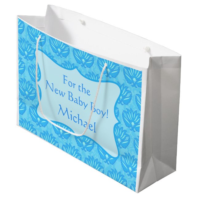 Blue Damask Baby Boy Name Personalisiert Große Geschenktüte (Vorderseite Schrägansicht)