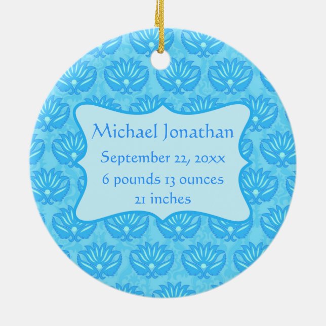 Blue Damask Baby Boy Name Personalisiert Keramikornament (Hinten)