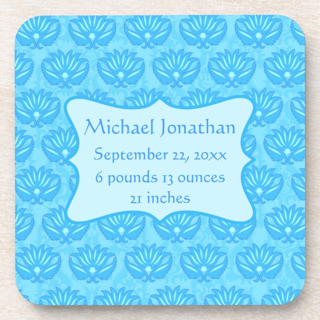 Blue Damask Baby Boy Name Personalisiert Untersetzer (Vorderseite)