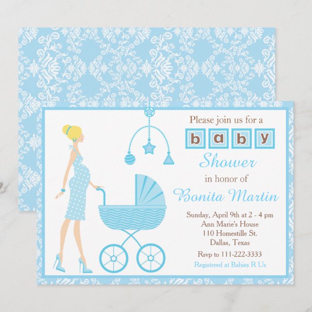 Blue Damask Blonde erwartet junge Babydusche Einladung (Vorne/Hinten)