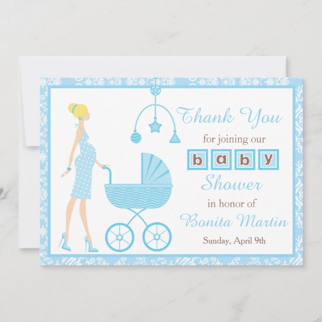 Blue Damask Blonde Woman Baby Dusche Dankeskarte (Vorderseite)