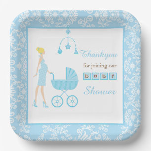 Blue Damask Blonde Woman Baby Dusche Pappteller