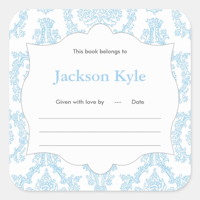 Blue Damask Book Baby Dusche Buchzeichen Label Quadratischer Aufkleber (Vorderseite)