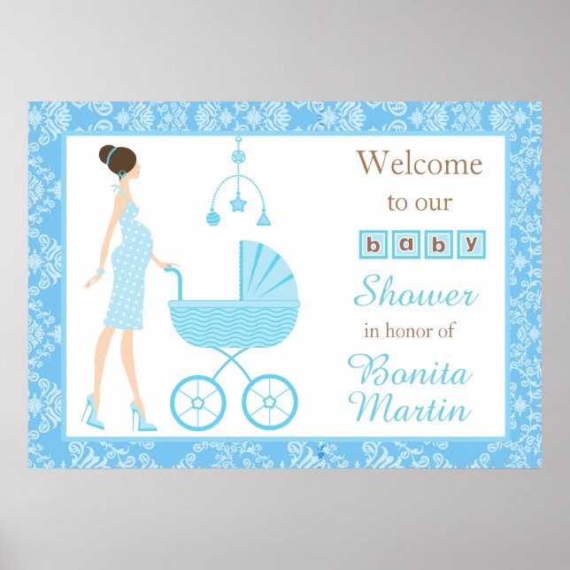 Blue Damask Brünett Boy Baby Dusche Poster (Vorne)