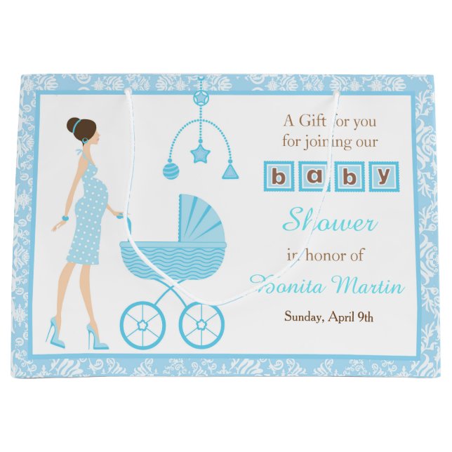 Blue Damask Brünett Frauenbaby-Dusche Große Geschenktüte (Vorderseite)