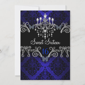 Blue Damask & Butterfly 16 . Geburtstag Einladung