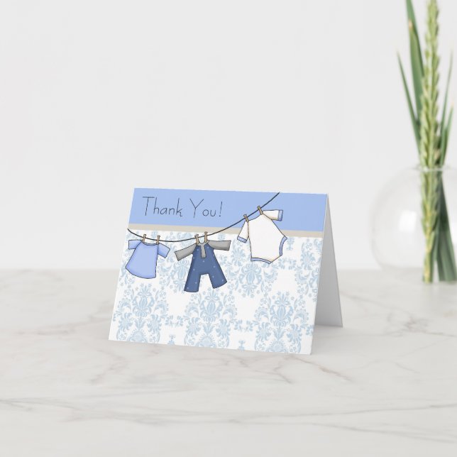 Blue Damask Clothesline Baby Boy Danke Karten (Vorderseite)