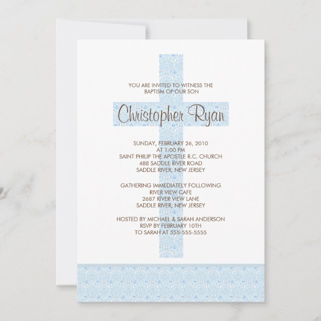 Blue Damask Cross Baby Boy Taufstiftung Einladung (Vorderseite)