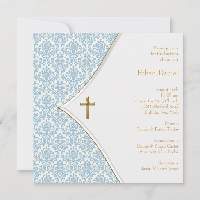 Blue Damask Cross Boy Christening Einladung (Vorderseite)
