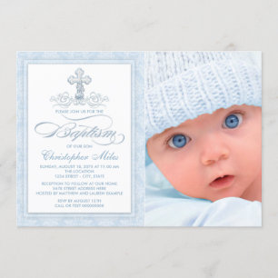 Blue Damask Cross Boy Photo Baptême Invitation