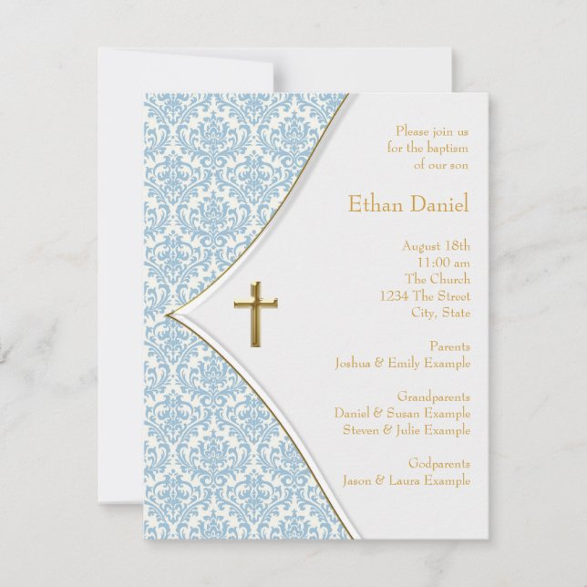 Blue Damask Cross Boy Taufe Christening Einladung (Vorderseite)