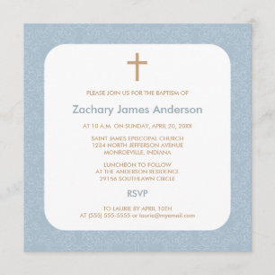 Blue Damask & Cross-Taufen Einladungen