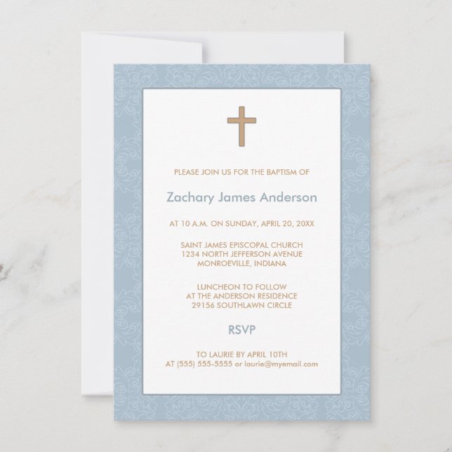Blue Damask & Cross-Taufen Einladungen (Vorderseite)