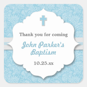 Blue Damask Crossboy-Taufe Quadratischer Aufkleber