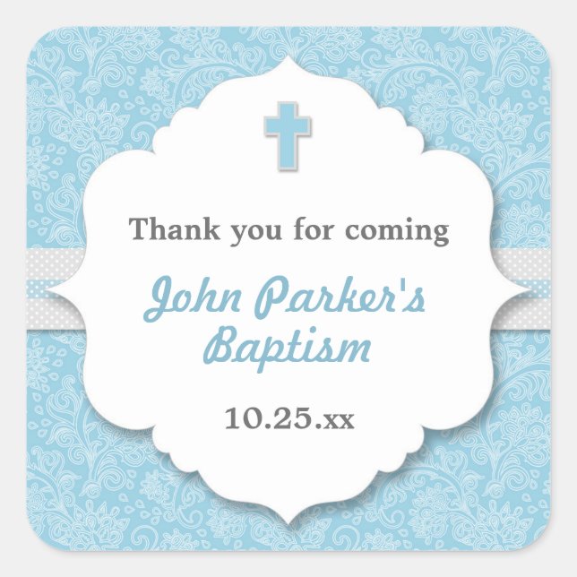 Blue Damask Crossboy-Taufe Quadratischer Aufkleber (Vorderseite)