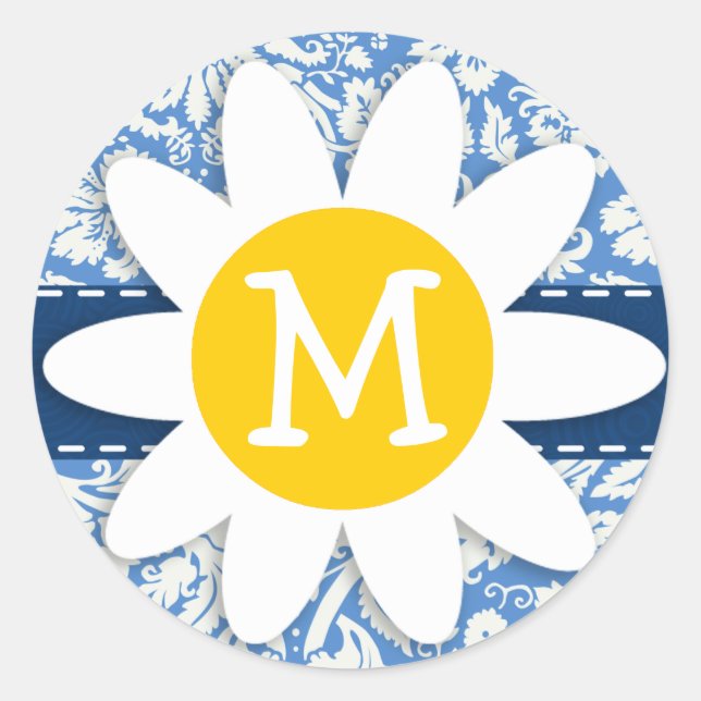Blue Damask; Daisy Runder Aufkleber (Vorderseite)