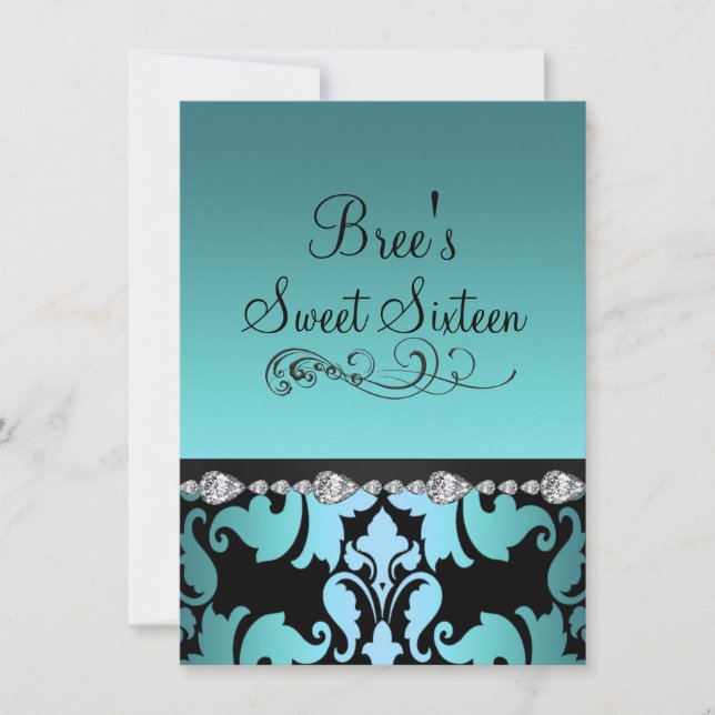 Blue Damask & Diamond Image Sweet 16 Invitation (Devant)