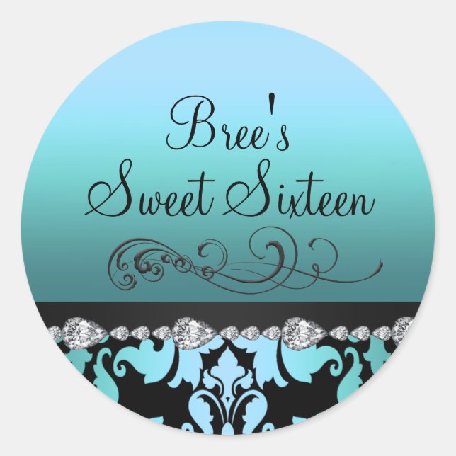 Blue Damask & Diamond Sweet 16 Sticker (Vorderseite)