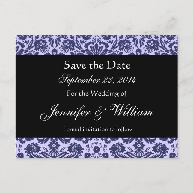Blue Damask Enregistrer la date Carte postale (Devant)