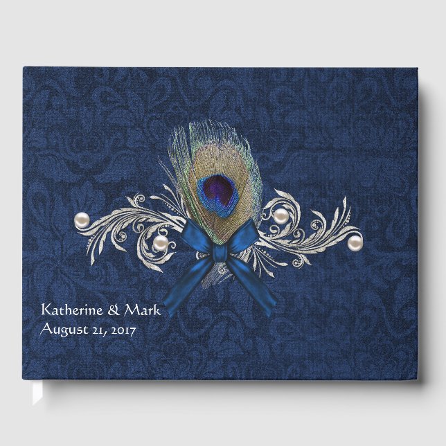 Blue Damask et Peacock Feather Mariage livre d'hôt (Recto)